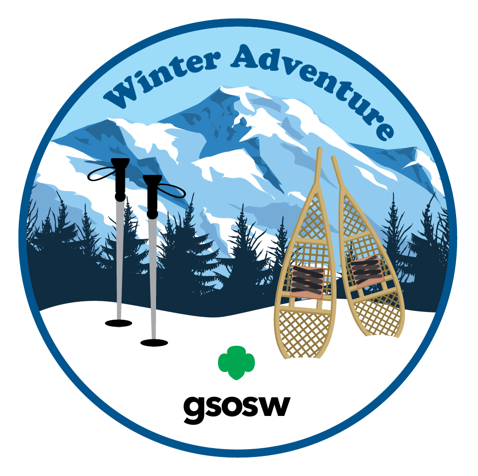 Hiking poles and snowshoes in front of a snow-covered mountain with Winter Adventure GSOSW text