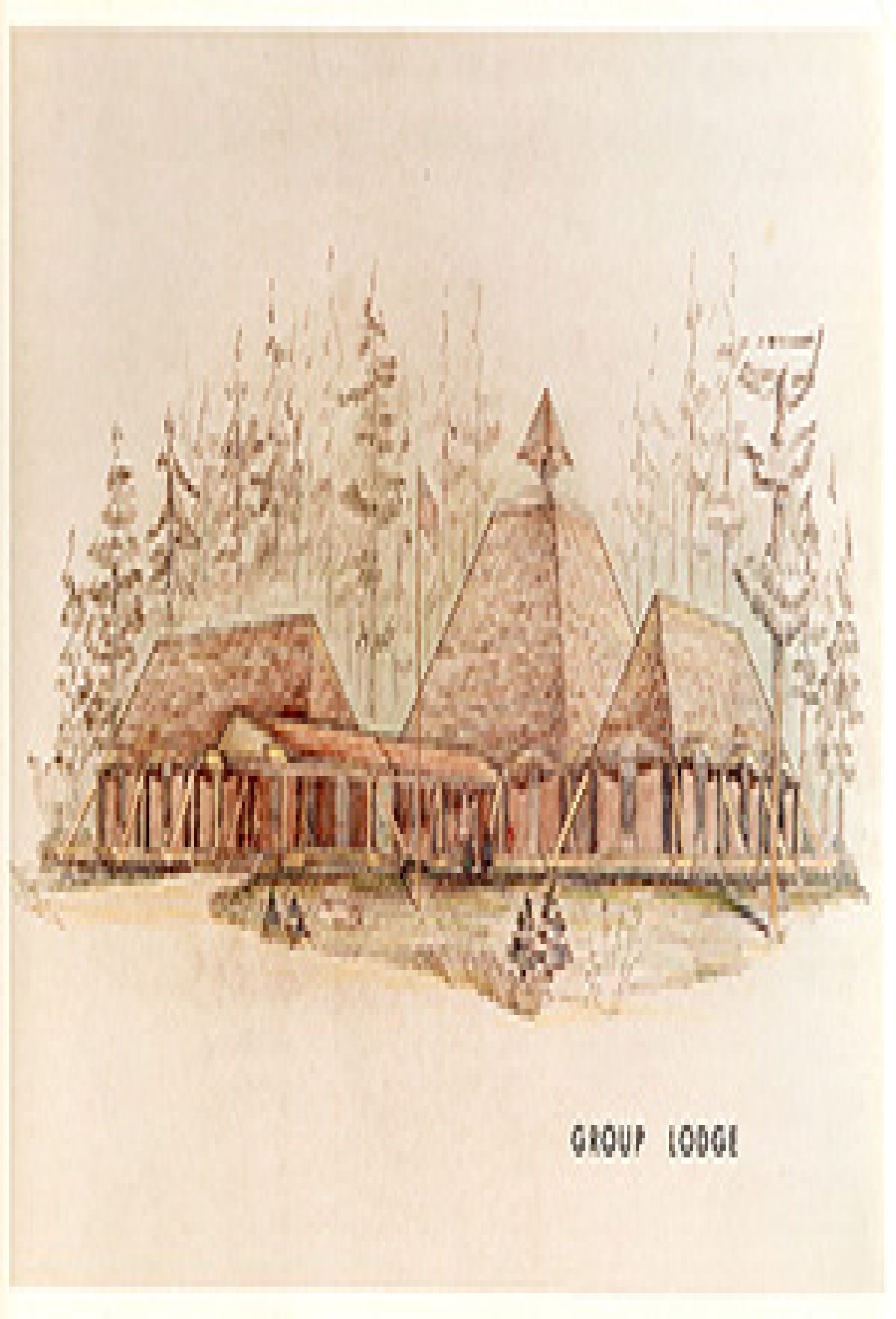 An illustration of the lodge at Camp Arrowhead surrounded by pine trees.