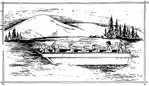 An illustration of girls on a barge in front of sand dunes.