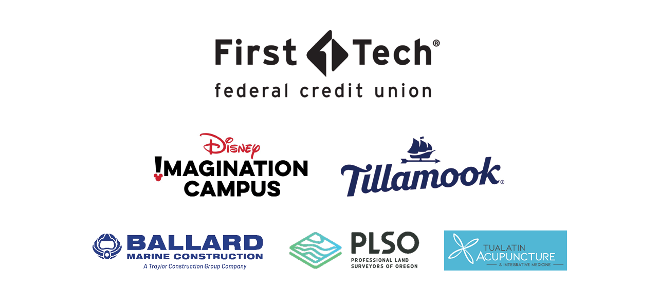 First Tech Federal Credit Union, Oregon State Credit Union, PLSO Professional Land Surveyors of Oregon, PGE Foundation, and Tillamook Logos