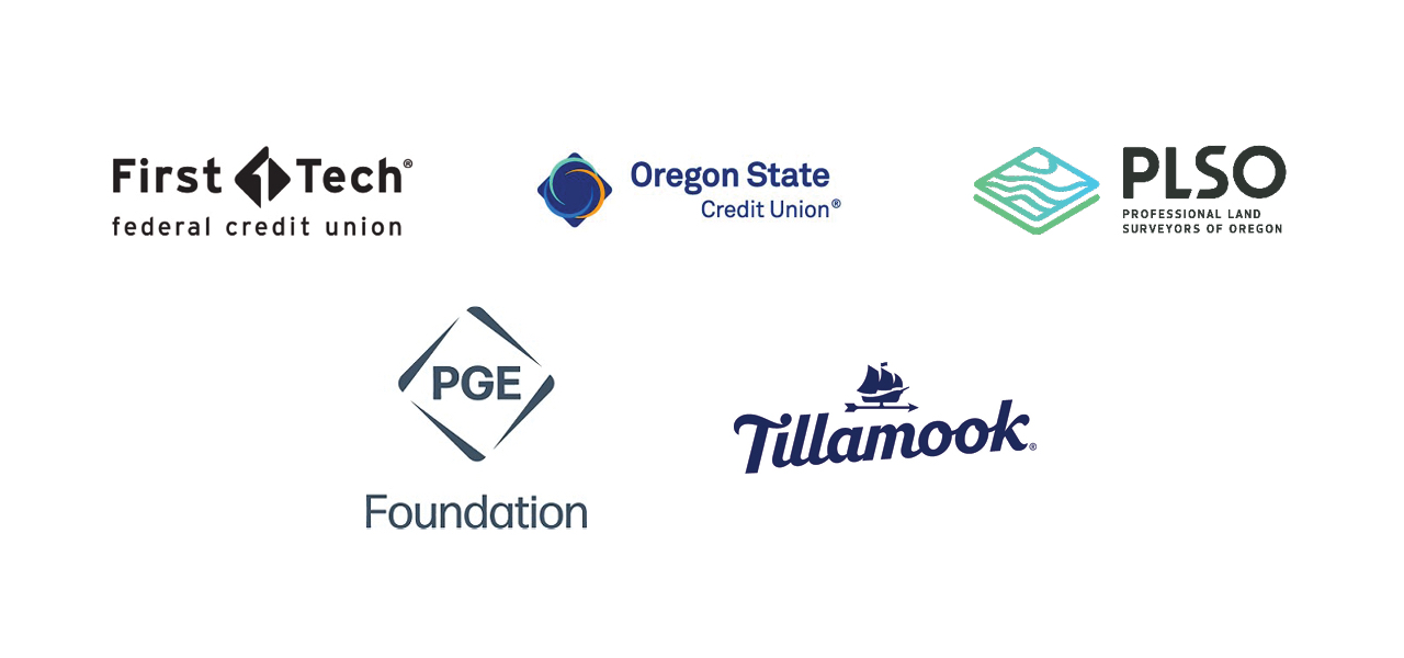 First Tech Federal Credit Union, Oregon State Credit Union, PLSO Professional Land Surveyors of Oregon, PGE Foundation, and Tillamook Logos